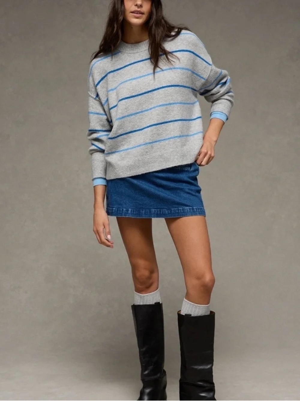 Women’s Gray Crewneck Sweater with Blue Stripes